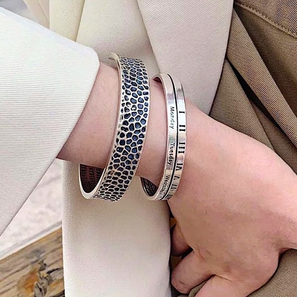 Sterling Silver Roman Numeral Bangle Cuff Bracelet - Picture 3 of 9